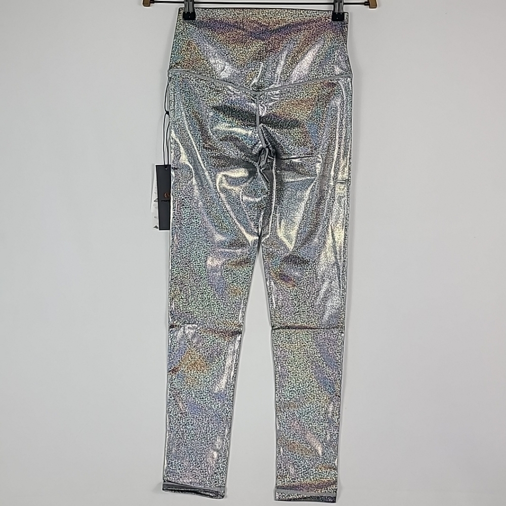 NEW Mono B Women Silver Foil Out Of This World Lycra Nilit Softex Leggings Sz M - Picture 5 of 6